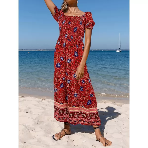 imageZESICA Womens 2024 Summer Boho Floral Print Square Neck Ruffle Swing Beach Long Maxi DressRed