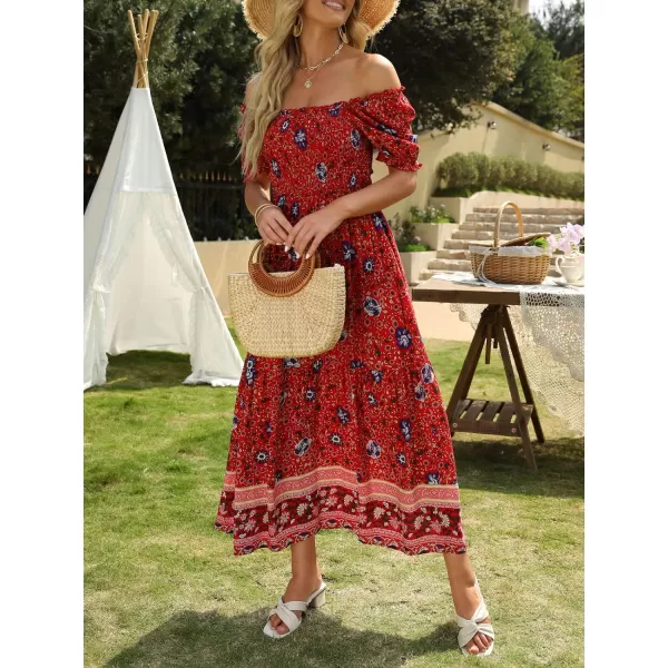 imageZESICA Womens 2024 Summer Boho Floral Print Square Neck Ruffle Swing Beach Long Maxi DressRed