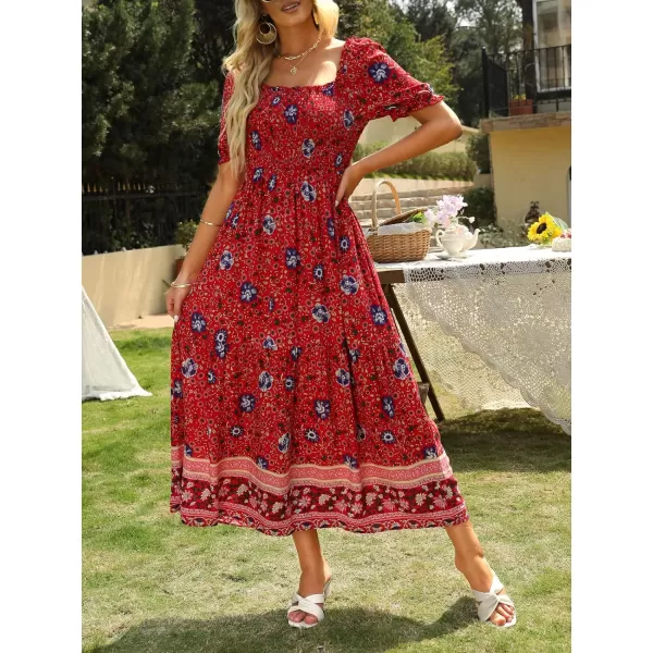 imageZESICA Womens 2024 Summer Boho Floral Print Square Neck Ruffle Swing Beach Long Maxi DressRed