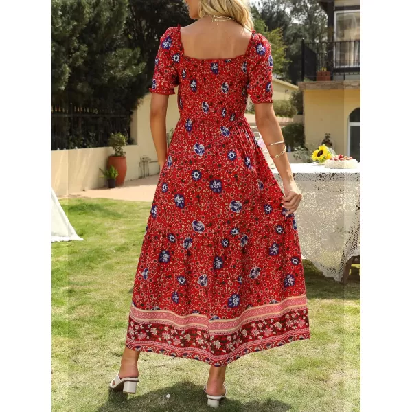 imageZESICA Womens 2024 Summer Boho Floral Print Square Neck Ruffle Swing Beach Long Maxi DressRed