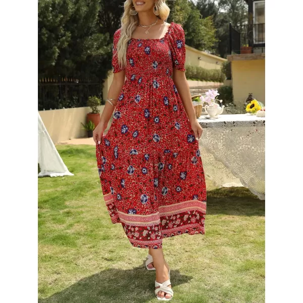 imageZESICA Womens 2024 Summer Boho Floral Print Square Neck Ruffle Swing Beach Long Maxi DressRed