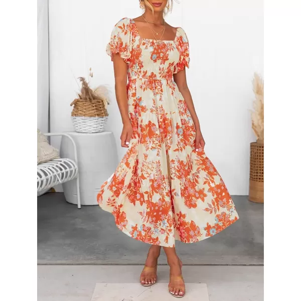 imageZESICA Womens 2024 Summer Boho Floral Print Square Neck Ruffle Swing Beach Long Maxi DressTangerine