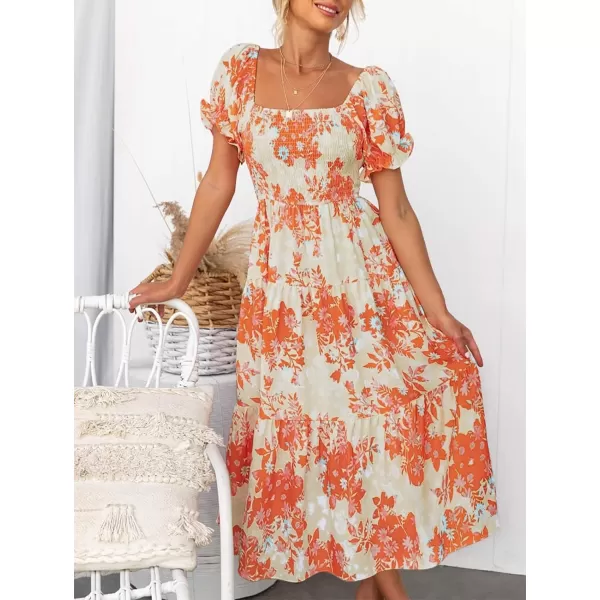 imageZESICA Womens 2024 Summer Boho Floral Print Square Neck Ruffle Swing Beach Long Maxi DressTangerine