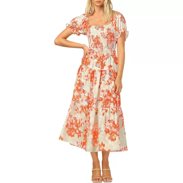 imageZESICA Womens 2024 Summer Boho Floral Print Square Neck Ruffle Swing Beach Long Maxi DressTangerine