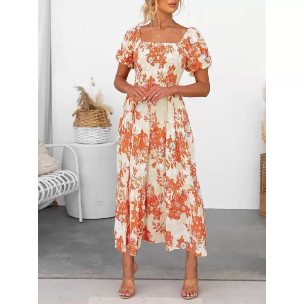imageZESICA Womens 2024 Summer Boho Floral Print Square Neck Ruffle Swing Beach Long Maxi DressTangerine