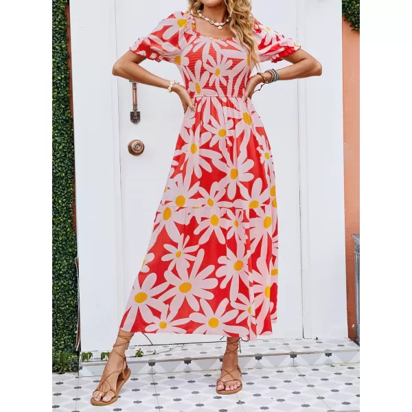 imageZESICA Womens 2024 Summer Boho Floral Print Square Neck Ruffle Swing Beach Long Maxi DressTomato