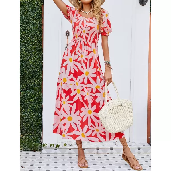 imageZESICA Womens 2024 Summer Boho Floral Print Square Neck Ruffle Swing Beach Long Maxi DressTomato