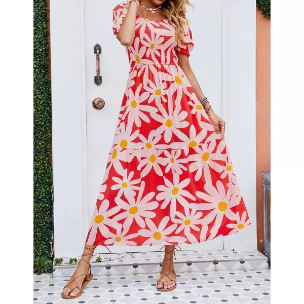imageZESICA Womens 2024 Summer Boho Floral Print Square Neck Ruffle Swing Beach Long Maxi DressTomato