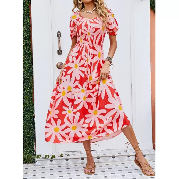 imageZESICA Womens 2024 Summer Boho Floral Print Square Neck Ruffle Swing Beach Long Maxi DressTomato