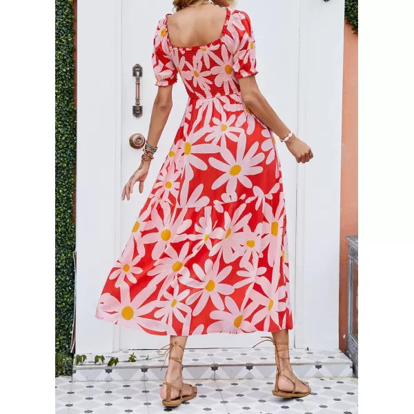 imageZESICA Womens 2024 Summer Boho Floral Print Square Neck Ruffle Swing Beach Long Maxi DressTomato