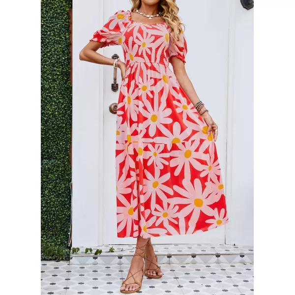 imageZESICA Womens 2024 Summer Boho Floral Print Square Neck Ruffle Swing Beach Long Maxi DressTomato