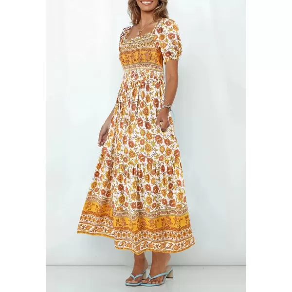 imageZESICA Womens 2024 Summer Boho Floral Print Square Neck Ruffle Swing Beach Long Maxi DressYellow