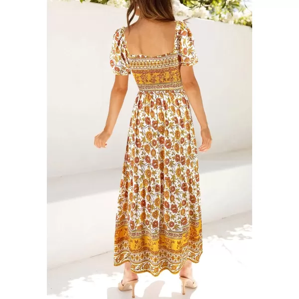 imageZESICA Womens 2024 Summer Boho Floral Print Square Neck Ruffle Swing Beach Long Maxi DressYellow