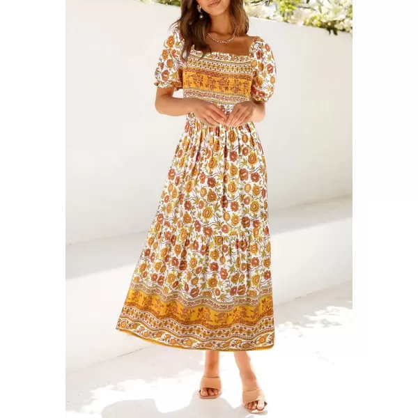 imageZESICA Womens 2024 Summer Boho Floral Print Square Neck Ruffle Swing Beach Long Maxi DressYellow