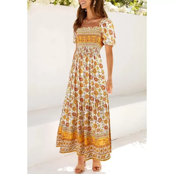 imageZESICA Womens 2024 Summer Boho Floral Print Square Neck Ruffle Swing Beach Long Maxi DressYellow