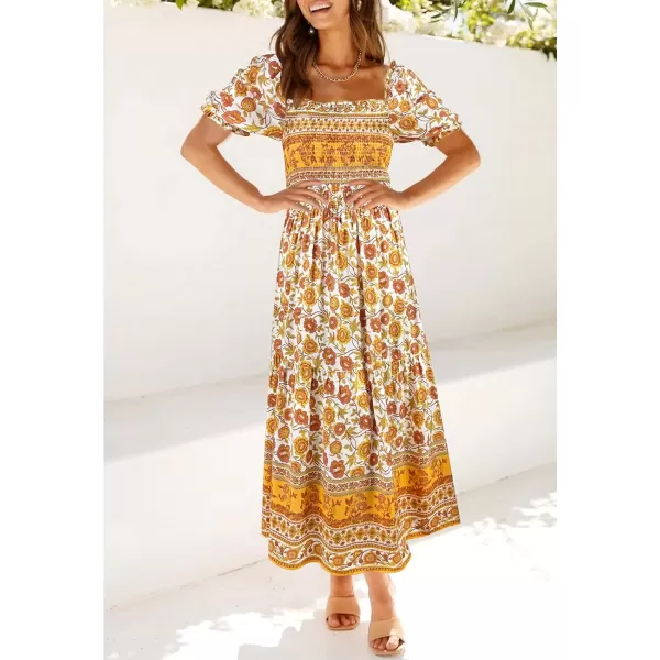 imageZESICA Womens 2024 Summer Boho Floral Print Square Neck Ruffle Swing Beach Long Maxi DressYellow