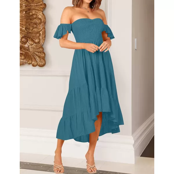imageZESICA Womens 2024 Summer Boho Off Shoulder Short Sleeve Smocked Ruffle Swing High Low Mermaid Cocktail Party DressDarkblue