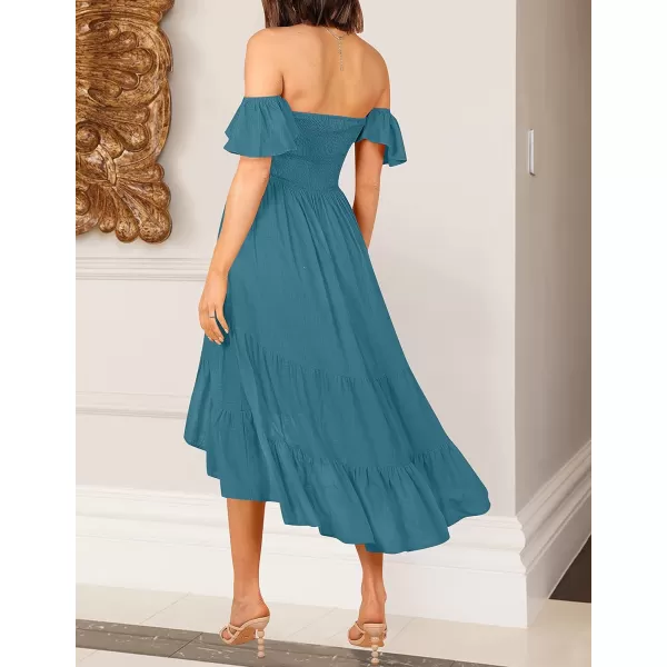 imageZESICA Womens 2024 Summer Boho Off Shoulder Short Sleeve Smocked Ruffle Swing High Low Mermaid Cocktail Party DressDarkblue