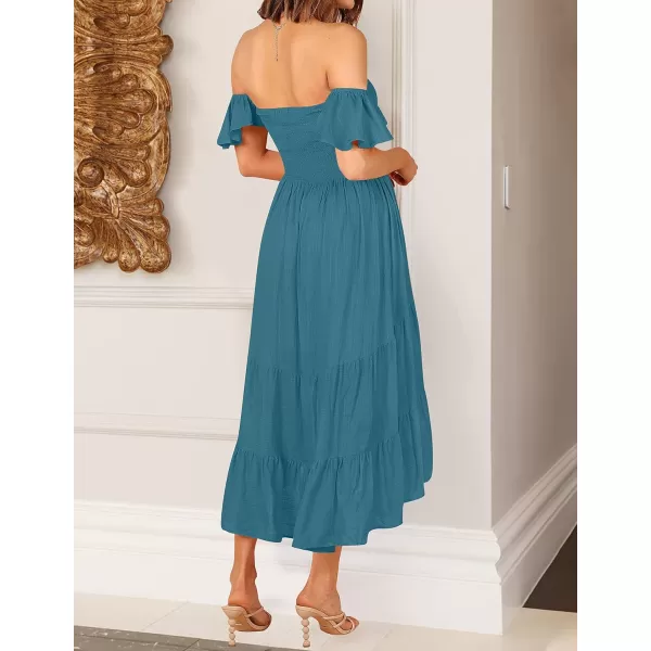 imageZESICA Womens 2024 Summer Boho Off Shoulder Short Sleeve Smocked Ruffle Swing High Low Mermaid Cocktail Party DressDarkblue