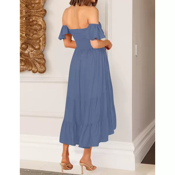 imageZESICA Womens 2024 Summer Boho Off Shoulder Short Sleeve Smocked Ruffle Swing High Low Mermaid Cocktail Party DressDustyblue