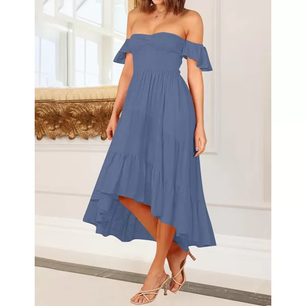 imageZESICA Womens 2024 Summer Boho Off Shoulder Short Sleeve Smocked Ruffle Swing High Low Mermaid Cocktail Party DressDustyblue