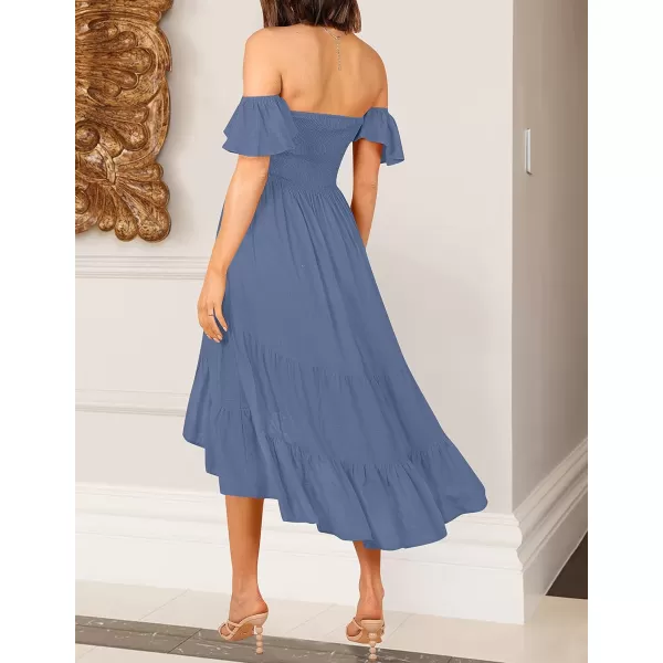 imageZESICA Womens 2024 Summer Boho Off Shoulder Short Sleeve Smocked Ruffle Swing High Low Mermaid Cocktail Party DressDustyblue