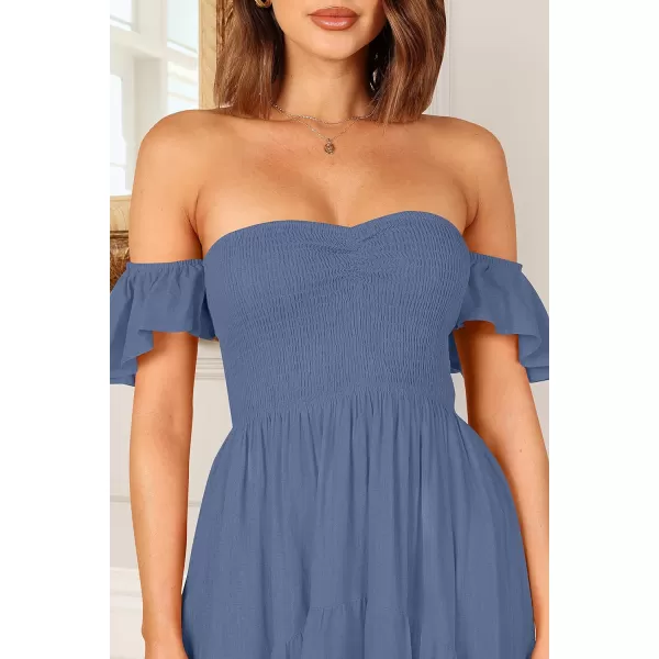 imageZESICA Womens 2024 Summer Boho Off Shoulder Short Sleeve Smocked Ruffle Swing High Low Mermaid Cocktail Party DressDustyblue