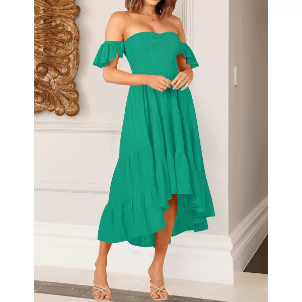 imageZESICA Womens 2024 Summer Boho Off Shoulder Short Sleeve Smocked Ruffle Swing High Low Mermaid Cocktail Party DressGrassgreen