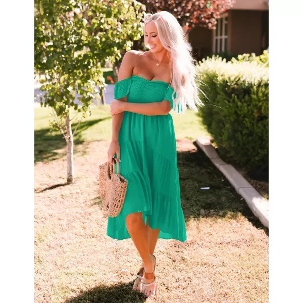 imageZESICA Womens 2024 Summer Boho Off Shoulder Short Sleeve Smocked Ruffle Swing High Low Mermaid Cocktail Party DressGrassgreen