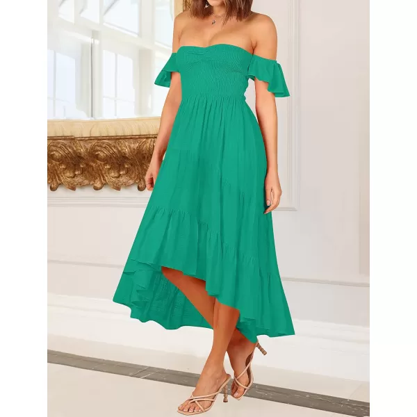 imageZESICA Womens 2024 Summer Boho Off Shoulder Short Sleeve Smocked Ruffle Swing High Low Mermaid Cocktail Party DressGrassgreen