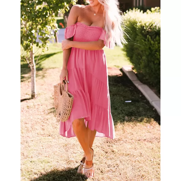 imageZESICA Womens 2024 Summer Boho Off Shoulder Short Sleeve Smocked Ruffle Swing High Low Mermaid Cocktail Party DressHotpink