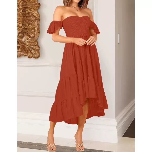 imageZESICA Womens 2024 Summer Boho Off Shoulder Short Sleeve Smocked Ruffle Swing High Low Mermaid Cocktail Party DressRust