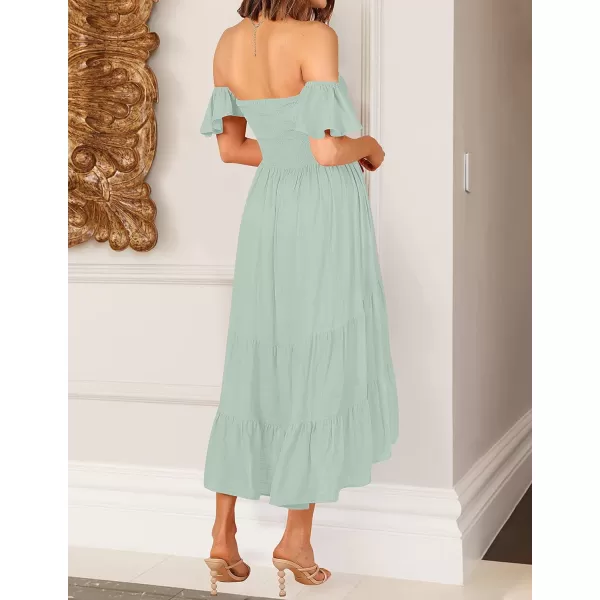 imageZESICA Womens 2024 Summer Boho Off Shoulder Short Sleeve Smocked Ruffle Swing High Low Mermaid Cocktail Party DressSage