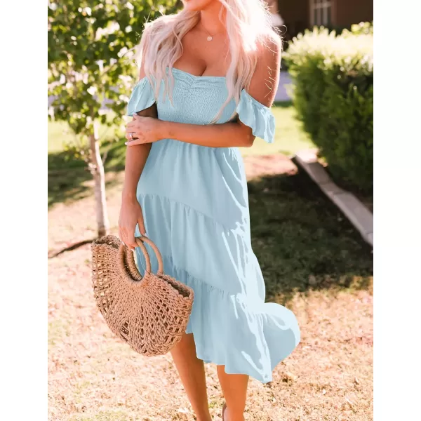imageZESICA Womens 2024 Summer Boho Off Shoulder Short Sleeve Smocked Ruffle Swing High Low Mermaid Cocktail Party DressSkyblue