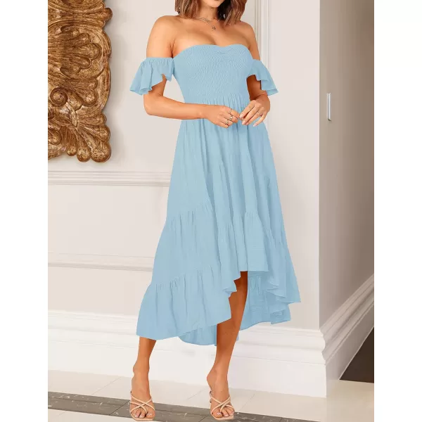 imageZESICA Womens 2024 Summer Boho Off Shoulder Short Sleeve Smocked Ruffle Swing High Low Mermaid Cocktail Party DressSkyblue
