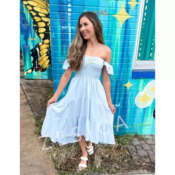 imageZESICA Womens 2024 Summer Boho Off Shoulder Short Sleeve Smocked Ruffle Swing High Low Mermaid Cocktail Party DressSkyblue