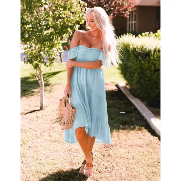 imageZESICA Womens 2024 Summer Boho Off Shoulder Short Sleeve Smocked Ruffle Swing High Low Mermaid Cocktail Party DressSkyblue