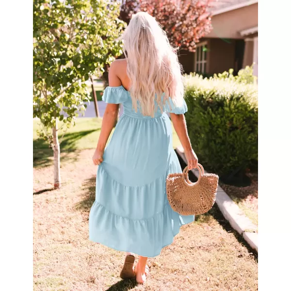 imageZESICA Womens 2024 Summer Boho Off Shoulder Short Sleeve Smocked Ruffle Swing High Low Mermaid Cocktail Party DressSkyblue