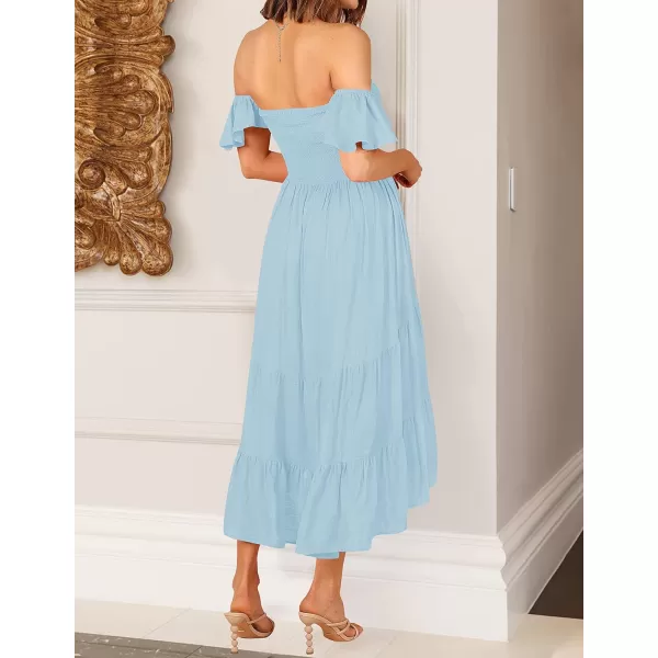 imageZESICA Womens 2024 Summer Boho Off Shoulder Short Sleeve Smocked Ruffle Swing High Low Mermaid Cocktail Party DressSkyblue