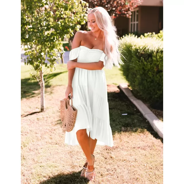 imageZESICA Womens 2024 Summer Boho Off Shoulder Short Sleeve Smocked Ruffle Swing High Low Mermaid Cocktail Party DressWhite