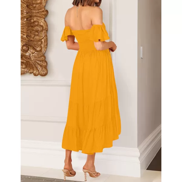imageZESICA Womens 2024 Summer Boho Off Shoulder Short Sleeve Smocked Ruffle Swing High Low Mermaid Cocktail Party DressYellow