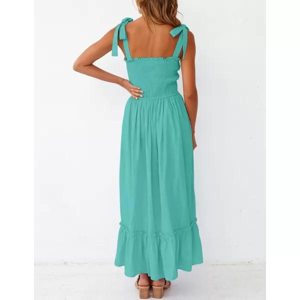 imageZESICA Womens 2024 Summer Boho Spaghetti Strap Square Neck Solid Color Ruffle A Line Beach Long Maxi DressAqua