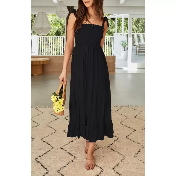 imageZESICA Womens 2024 Summer Boho Spaghetti Strap Square Neck Solid Color Ruffle A Line Beach Long Maxi DressBlack