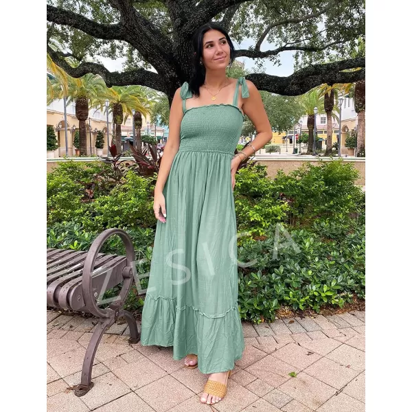 imageZESICA Womens 2024 Summer Boho Spaghetti Strap Square Neck Solid Color Ruffle A Line Beach Long Maxi DressGreen