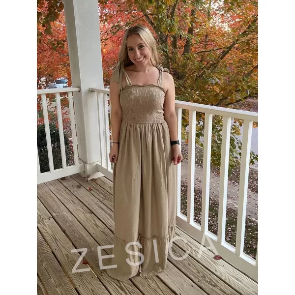 imageZESICA Womens 2024 Summer Boho Spaghetti Strap Square Neck Solid Color Ruffle A Line Beach Long Maxi DressKhaki