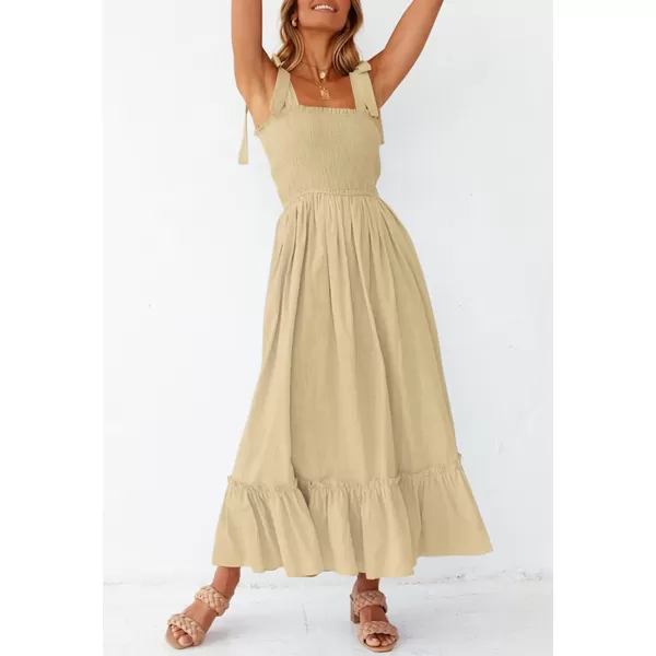 imageZESICA Womens 2024 Summer Boho Spaghetti Strap Square Neck Solid Color Ruffle A Line Beach Long Maxi DressLightyellow