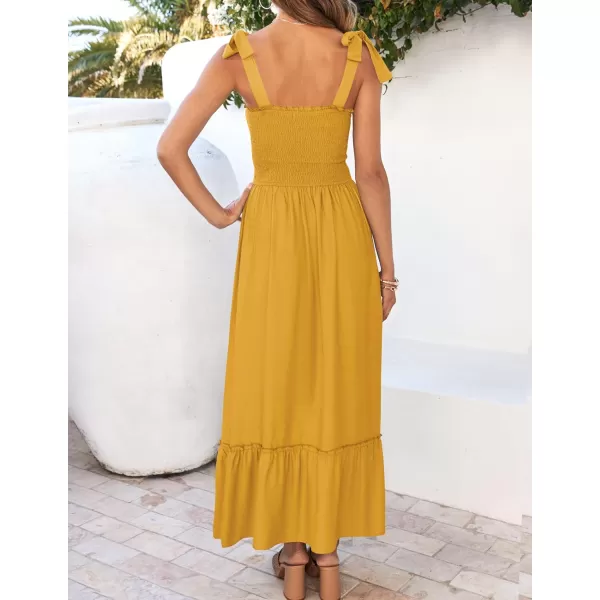 imageZESICA Womens 2024 Summer Boho Spaghetti Strap Square Neck Solid Color Ruffle A Line Beach Long Maxi DressMustard