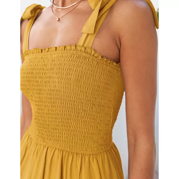 imageZESICA Womens 2024 Summer Boho Spaghetti Strap Square Neck Solid Color Ruffle A Line Beach Long Maxi DressMustard