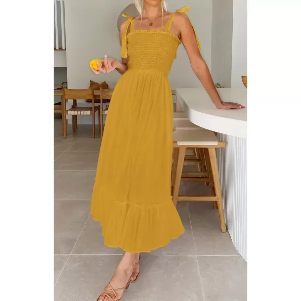 imageZESICA Womens 2024 Summer Boho Spaghetti Strap Square Neck Solid Color Ruffle A Line Beach Long Maxi DressMustard