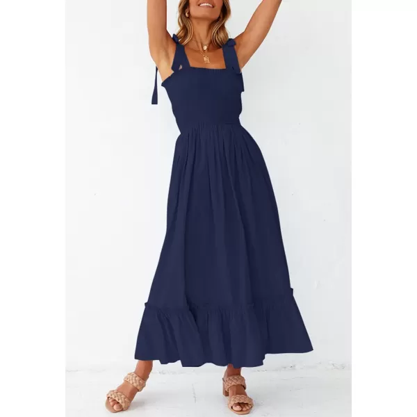 imageZESICA Womens 2024 Summer Boho Spaghetti Strap Square Neck Solid Color Ruffle A Line Beach Long Maxi DressNavy
